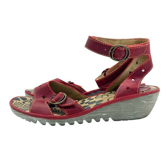 Fly London Women's size 41 Red Strappy Wedge Sandal Boho Leather Buckle Strappy - Picture 1 of 10